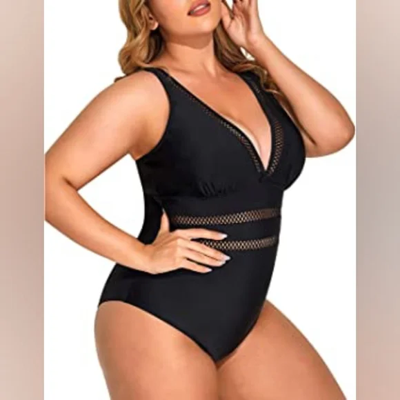 DACI V-Neck Crochet Picou Lace Insert Bathing Suit Swimsuit Curvy Plus NWT - Picture 8 of 13